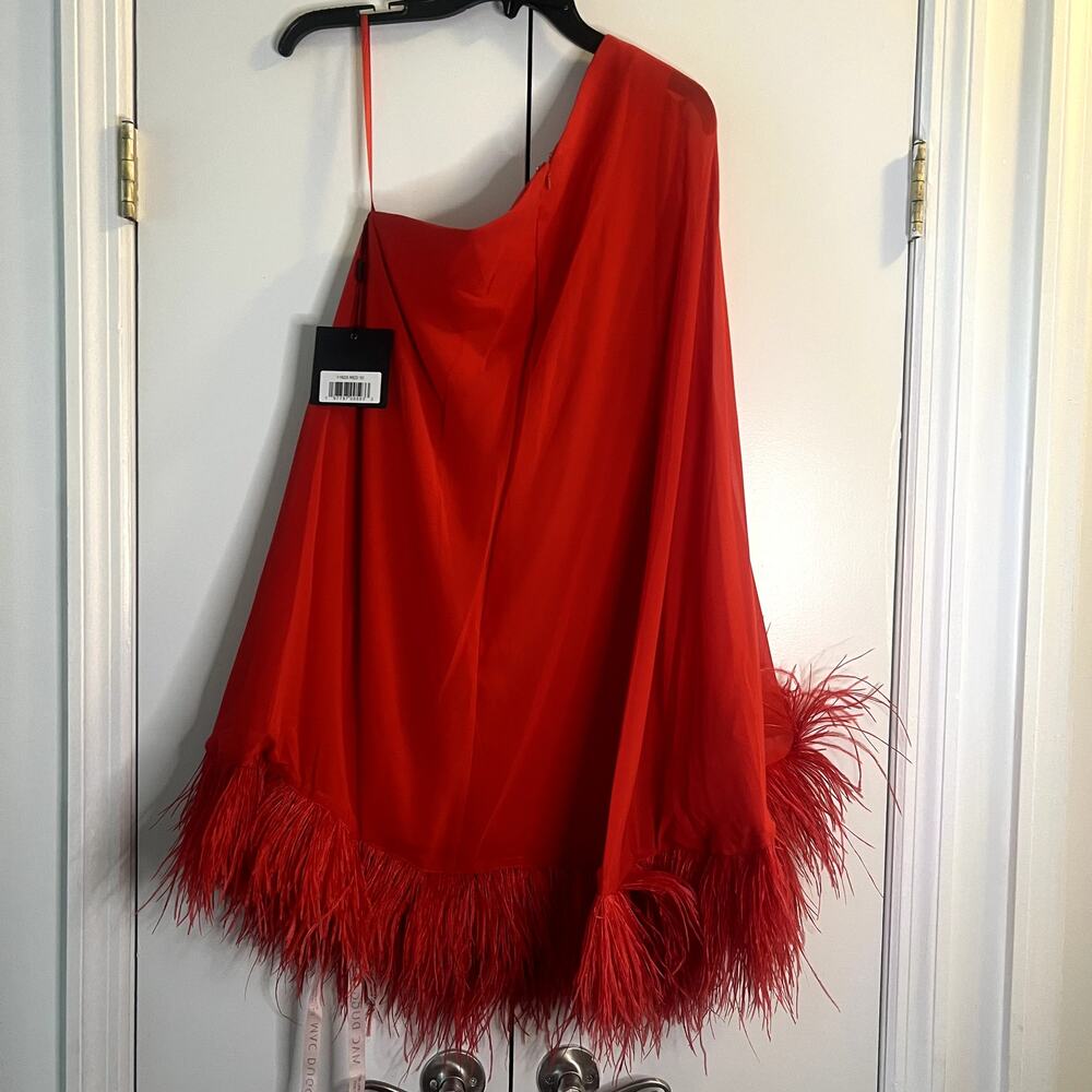 Mac Duggal One Shoulder Trapeze Mini Dress Feather Trim Red 11623 size 10 - Picture 5 of 8